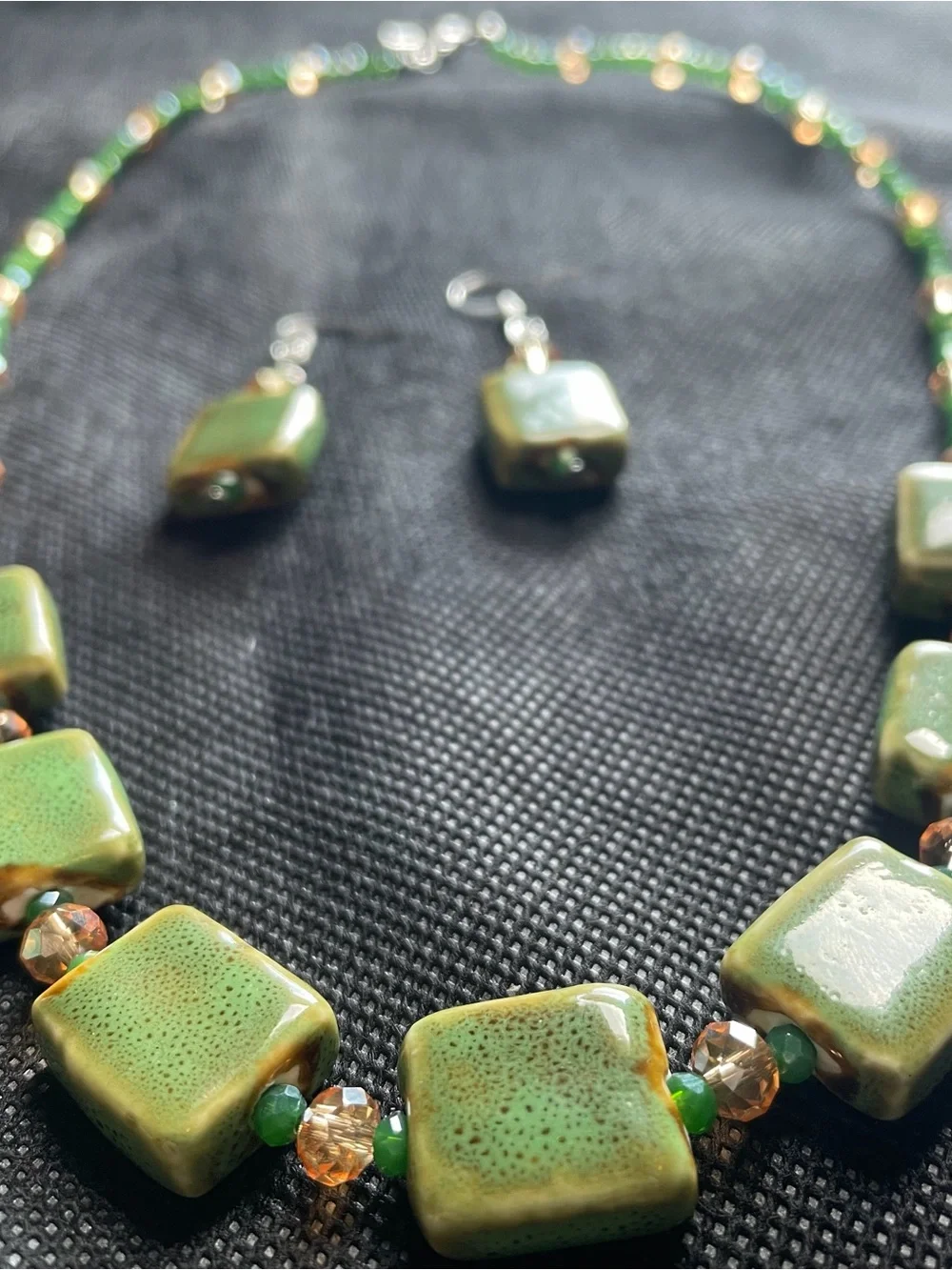 Green Ceramic Tile Necklace with Amber Accent Beads
